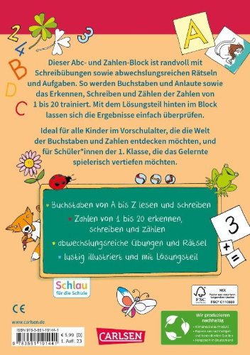 Buchcover und Innenansicht für das Buch: Schlau für die Schule: Mein bunter ABC- und Zahlen-Block