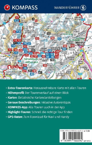Buchcover und Innenansicht für das Buch: KOMPASS Wanderführer Ortlergruppe und Vinschgau, 60 Touren mit Extra-Tourenkarte