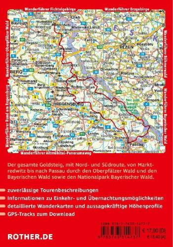 Buchcover und Innenansicht für das Buch: ROTHER Wanderführer Goldsteig. Alle Etappen der Nord- und der Südroute von Marktredwitz nach Passau