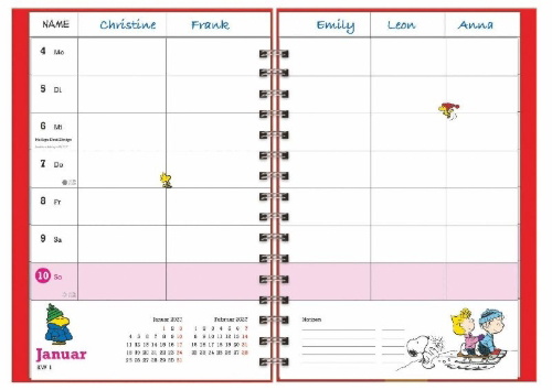 Buchcover und Innenansicht für das Buch: Peanuts Familienplaner-Buch A5 2027