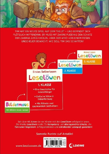 Buchcover und Innenansicht für das Buch: Leselöwen 1. Klasse - Das geheime Gold der Zwerge (Großbuchstabenausgabe)