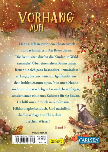 Buchcover und Innenansicht für das Buch: Hüterin des Waldes 3: Theater mit Familie Igel