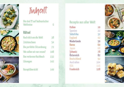 Buchcover und Innenansicht für das Buch: Die drei !!! Koch dich um die Welt