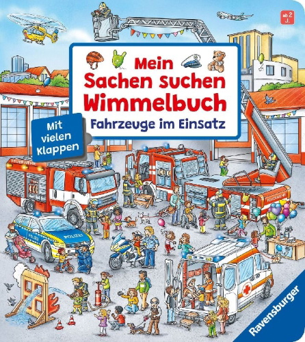 Buchcover und Innenansicht für das Buch: Mein Sachen suchen Wimmelbuch: Fahrzeuge im Einsatz