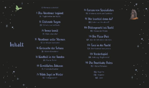 Buchcover und Innenansicht für das Buch: Tiergeschichten zum Träumen. Zauber der Nacht