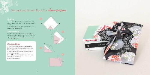 Buchcover und Innenansicht für das Buch: Furoshiki - l'art d'emballer avec du tissue