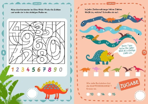 Buchcover und Innenansicht für das Buch: Rechenrätsel für mutige Kinder - Wilde Welt der Dinos - ab 6 Jahren