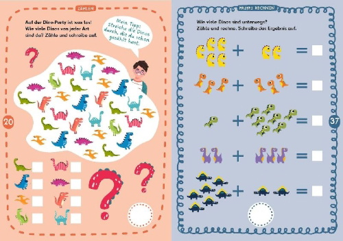 Buchcover und Innenansicht für das Buch: Rechenrätsel für mutige Kinder - Wilde Welt der Dinos - ab 6 Jahren
