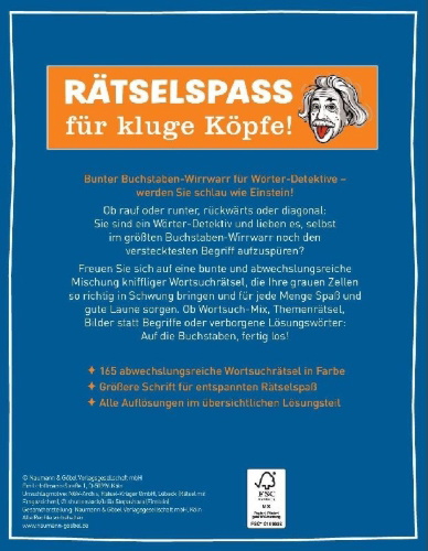 Buchcover und Innenansicht für das Buch: Sei schlau wie Einstein! - Wortsuchrätsel in Großschrift