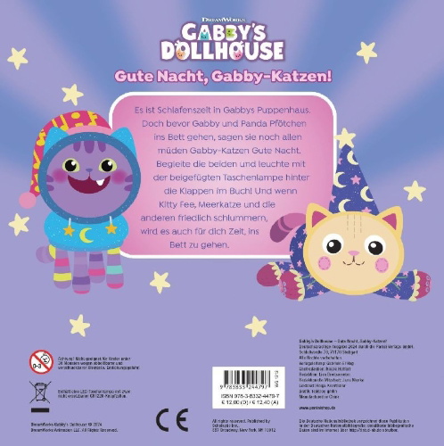 Buchcover und Innenansicht für das Buch: Gabby's Dollhouse: Gute Nacht, Gabby-Katzen!