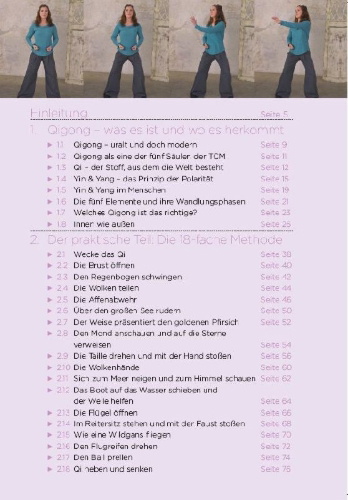 Buchcover und Innenansicht für das Buch: Qigong, die universelle 18-fache Methode - Personal Training + DVD. Die weltweit populärste Übungsfolge. Sehr einfach und sehr wirksam. Ideal auch für Kinder und Senioren