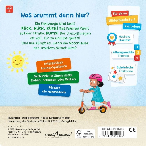 Buchcover und Innenansicht für das Buch: Spielen, hören, staunen - Fahrzeuge