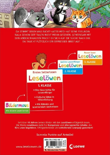 Buchcover und Innenansicht für das Buch: Leselöwen 1. Klasse - Die Katzen-Detektive (Großbuchstabenausgabe)