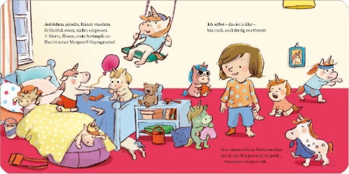 Buchcover und Innenansicht für das Buch: Die Einhorn-Trödel-Bande. Dalli dalli, hopp hopp!
