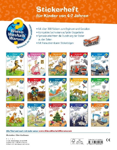 Buchcover und Innenansicht für das Buch: Wieso? Weshalb? Warum? Stickerheft: Fahrzeuge auf der Baustelle