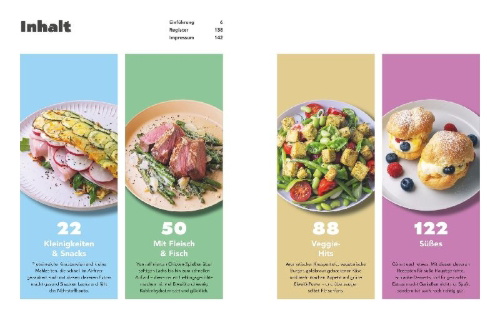 Buchcover und Innenansicht für das Buch: Lieblingsrezepte aus deinem Airfryer - High Protein