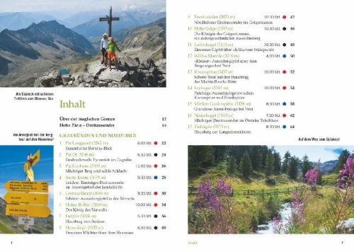 Buchcover und Innenansicht für das Buch: Hohe Ziele. Die besten 3000er für Wanderer in den Ostalpen. Wanderführer: die schönsten 3000er auf einfachen Wegen besteigen. Tourenführer: mit Wegbeschreibungen, Tourensteckbriefen und Karten.