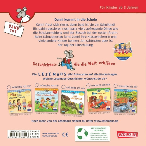 Buchcover und Innenansicht für das Buch: LESEMAUS 101: Conni kommt in die Schule