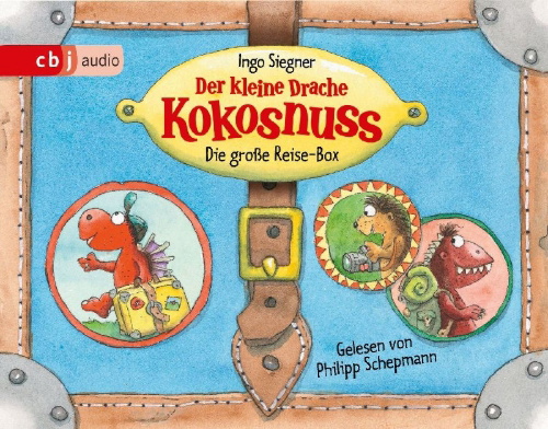 Buchcover und Innenansicht für das Buch: Der kleine Drache Kokosnuss - Die große Reise-Box