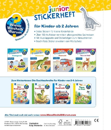 Buchcover und Innenansicht für das Buch: Wieso? Weshalb? Warum? junior Stickerheft - Dinosaurier