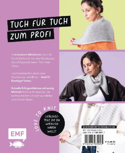 Buchcover und Innenansicht für das Buch: Love to knit: Stricken lernen mit Mini-Tüchern von @maschenfein
