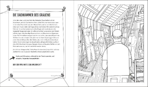 Buchcover und Innenansicht für das Buch: Color and Solve - Haunted Highrise: Color the Crime Scene, Analyze the Clues, and Solve the Murder Mystery!