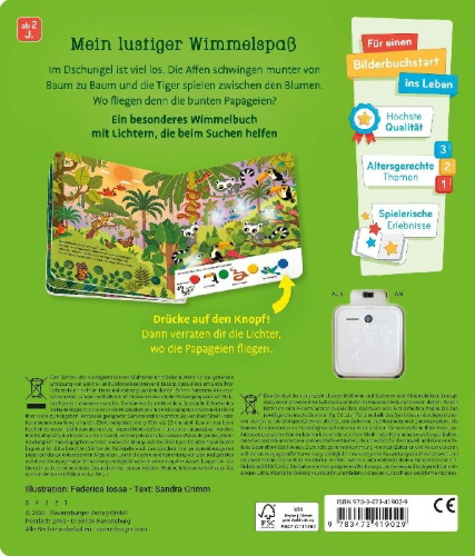 Buchcover und Innenansicht für das Buch: Mein großes Lichter-Wimmelbuch - Im Dschungel