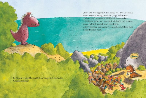 Buchcover und Innenansicht für das Buch: Erst ich ein Stück, dann du - Der kleine Drache Kokosnuss 01 kommt in die Schule