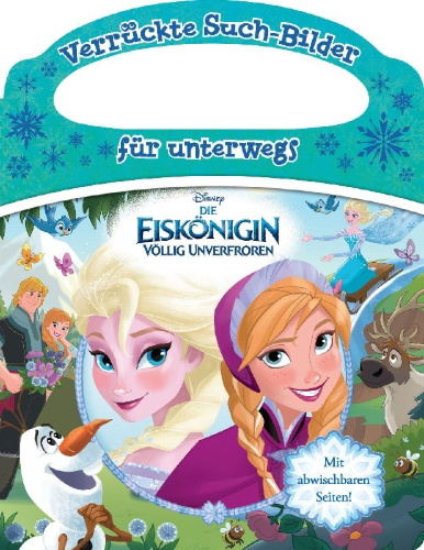 Buchcover und Innenansicht für das Buch: Disney Die Eiskönigin - Verrückte Such-Bilder für unterwegs - Wimmelbuch - Pappbilderbuch mit Stift und abwischbaren Seiten ab 3 Jahren