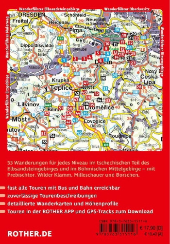 Buchcover und Innenansicht für das Buch: ROTHER Wanderführer Böhmische Schweiz. 55 Touren im tschechischen Teil des Elbsandsteingebirges - mit Böhmischem Mittelgebirge