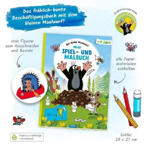 Buchcover und Innenansicht für das Buch: Trötsch Der kleine Maulwurf Mein Spiel- und Malbuch