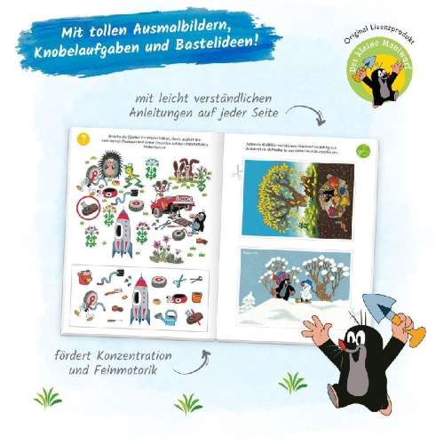 Buchcover und Innenansicht für das Buch: Trötsch Der kleine Maulwurf Mein Spiel- und Malbuch