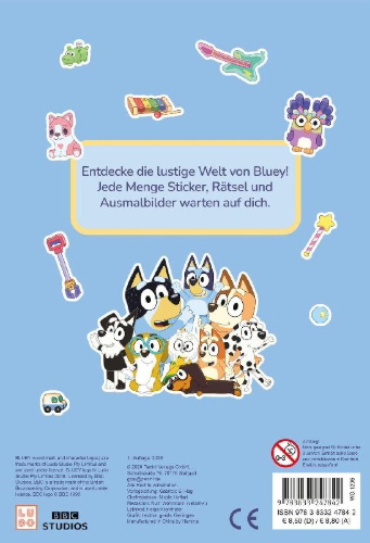 Buchcover und Innenansicht für das Buch: Bluey: Mein lustiger Kindergartenblock