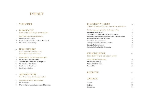 Buchcover und Innenansicht für das Buch: Die Longevity-Food-Formel