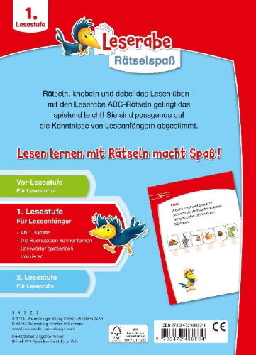 Buchcover und Innenansicht für das Buch: Leserabe Rätselspaß - Abc-Rätsel zum Lesenlernen (1. Lesestufe)