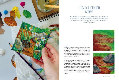 Buchcover und Innenansicht für das Buch: Shanias magisches Acryl-Atelier: Malen auf Mini-Leinwänden