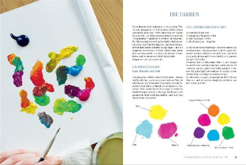 Buchcover und Innenansicht für das Buch: Shanias magisches Acryl-Atelier: Malen auf Mini-Leinwänden
