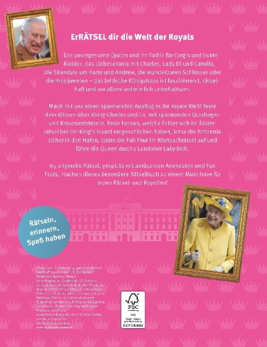 Buchcover und Innenansicht für das Buch: Die Royals Rätselbuch. Rätsel-Reise ins britische Königshaus