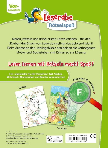 Buchcover und Innenansicht für das Buch: Leserabe Rätselspaß - Zauber-Malrätsel zum Lesenlernen: Bauernhof (Vor-Lesestufe)