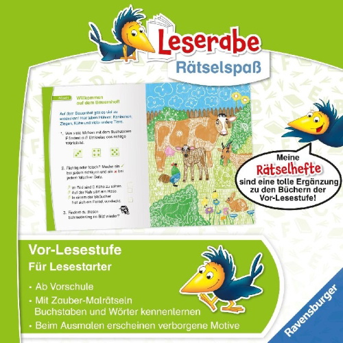 Buchcover und Innenansicht für das Buch: Leserabe Rätselspaß - Zauber-Malrätsel zum Lesenlernen: Bauernhof (Vor-Lesestufe)
