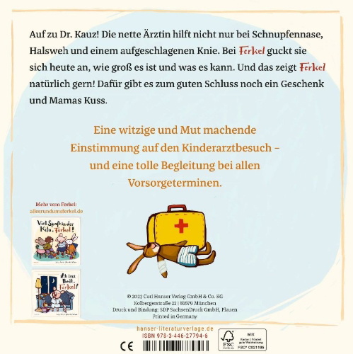 Buchcover und Innenansicht für das Buch: Komm, Ferkel, wir gehen zur Ärztin!