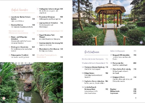 Buchcover und Innenansicht für das Buch: Gartenreisen - Botanische Gärten und Parks in Deutschland