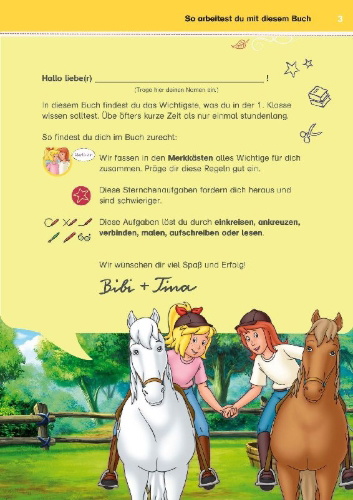 Buchcover und Innenansicht für das Buch: Bibi & Tina: Mein Übungsbuch für die 1. Klasse