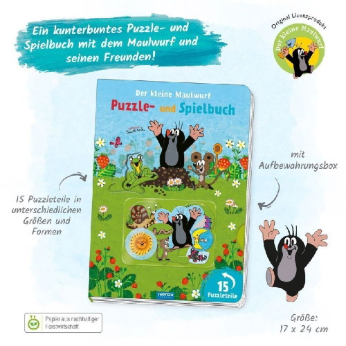 Buchcover und Innenansicht für das Buch: Trötsch Der kleine Maulwurf Puzzle- und Spielbuch Pappenbuch