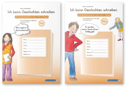Buchcover und Innenansicht für das Buch: Ich kann Geschichten schreiben Teil 1 und 2 im Set - 2 Schülerarbeitshefte für die 2. bis 4. Klasse