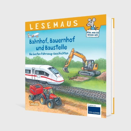 Buchcover und Innenansicht für das Buch: LESEMAUS Sonderbände: Bahnhof, Bauernhof und Baustelle - Die besten Fahrzeug-Geschichten
