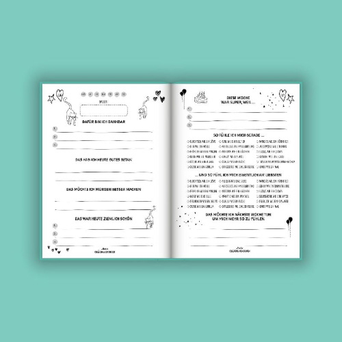 Buchcover und Innenansicht für das Buch: Mein kleines Glücklichbuch | Dankbarkeitstagebuch für Kinder | 3 Minuten Tagebuch für Kinder