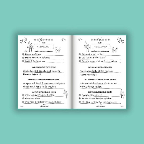 Buchcover und Innenansicht für das Buch: Mein kleines Glücklichbuch | Dankbarkeitstagebuch für Kinder | 3 Minuten Tagebuch für Kinder