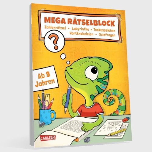 Buchcover und Innenansicht für das Buch: Rätseln für Kinder ab 9: Mega Rätselblock - Zahlenrätsel, Labyrinthe, Teekesselchen, Wortknobeleien, Quizfragen