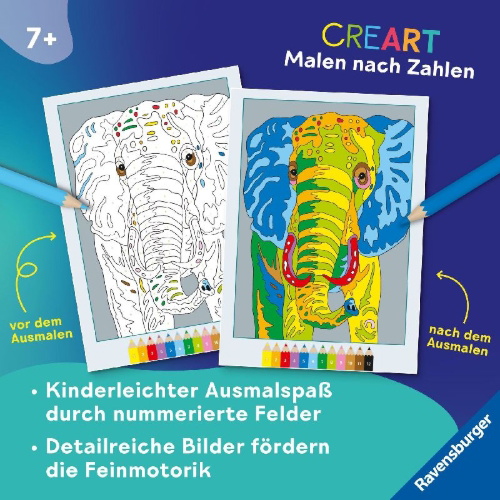 Buchcover und Innenansicht für das Buch: CreArt Malen nach Zahlen ab 7: Wilde Tiere
